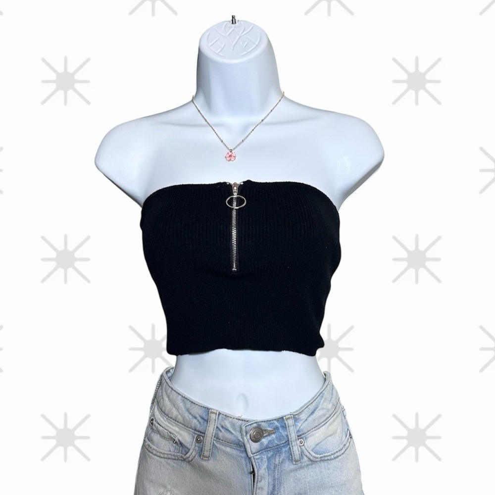 Kendall & Kylie Size Small Black Knit Tube Top Zip Front Cropped Strapless Top